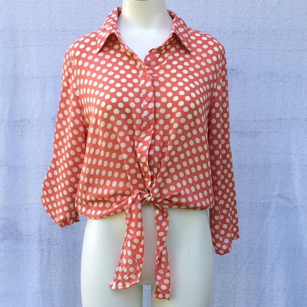 Excuse Me Miss Peach Polka Dot Tie Waist Blouse Md